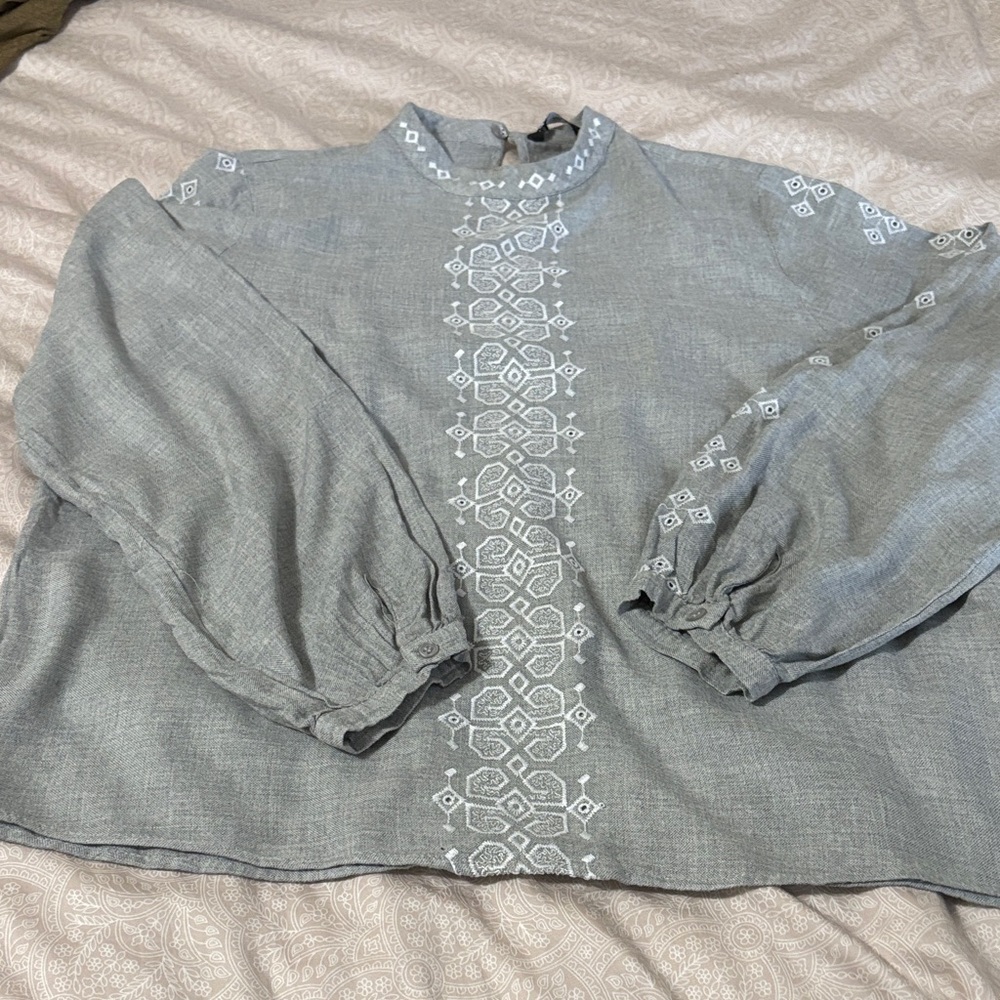 Zara Light Grey Embroidered Balloon Sleeve Top